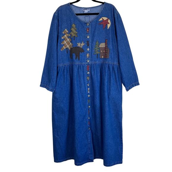 Haik’s Sz 1X Vintage 90s Holiday Themed Denim Midi Dress Prairie Cottagecore - Picture 1 of 16
